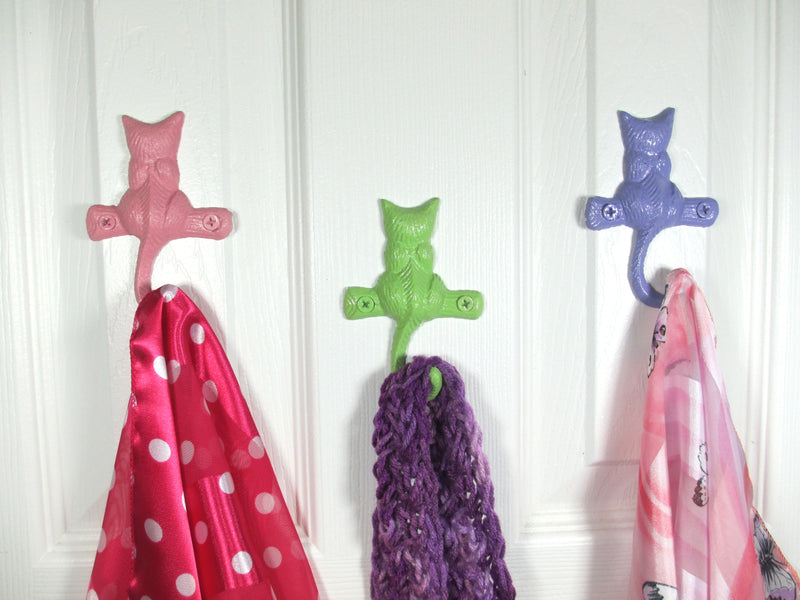 Cat Kitten Hook Set of 3 Little Kittens Cast Iron Hand-Painted in Pink, Green, and Purple