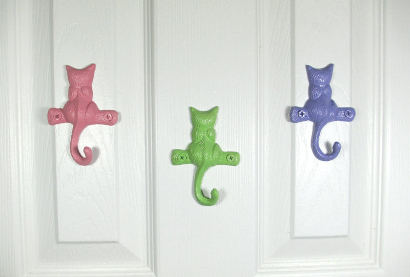 Cat Kitten Hook Set of 3 Little Kittens Cast Iron Hand-Painted in Pink, Green, and Purple