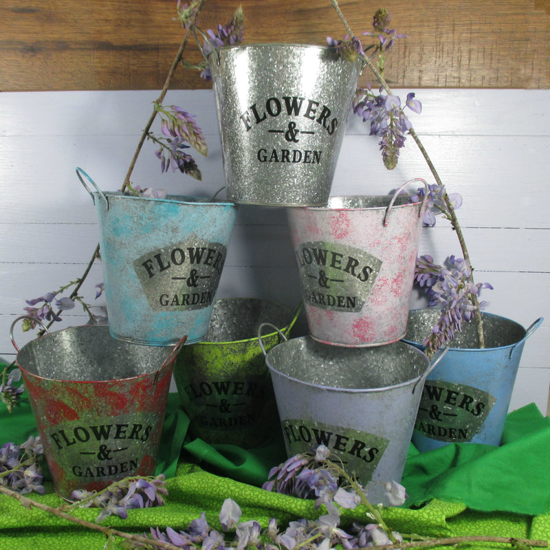 Flower Garden Tin Bucket Hand-Painted 2-tone Shabby Chic Rustic Wedding Metal Flower Pot Planter