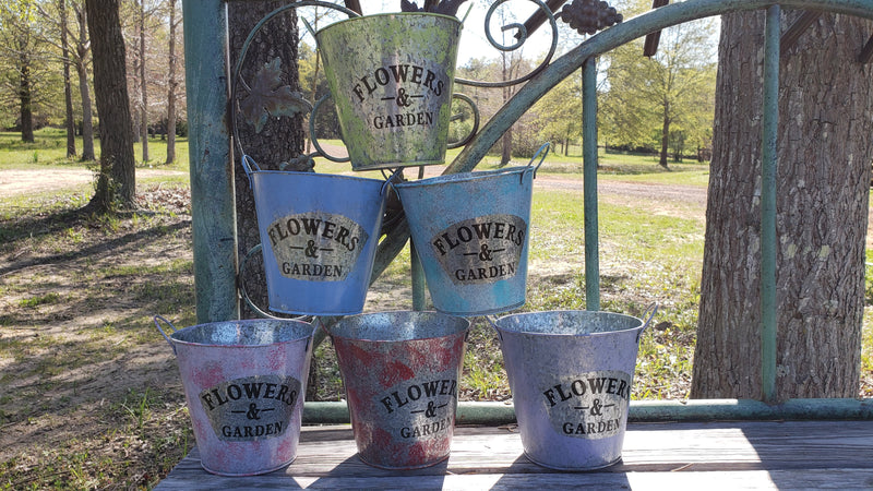 Flower Garden Tin Bucket Hand-Painted 2-tone Shabby Chic Rustic Wedding Metal Flower Pot Planter