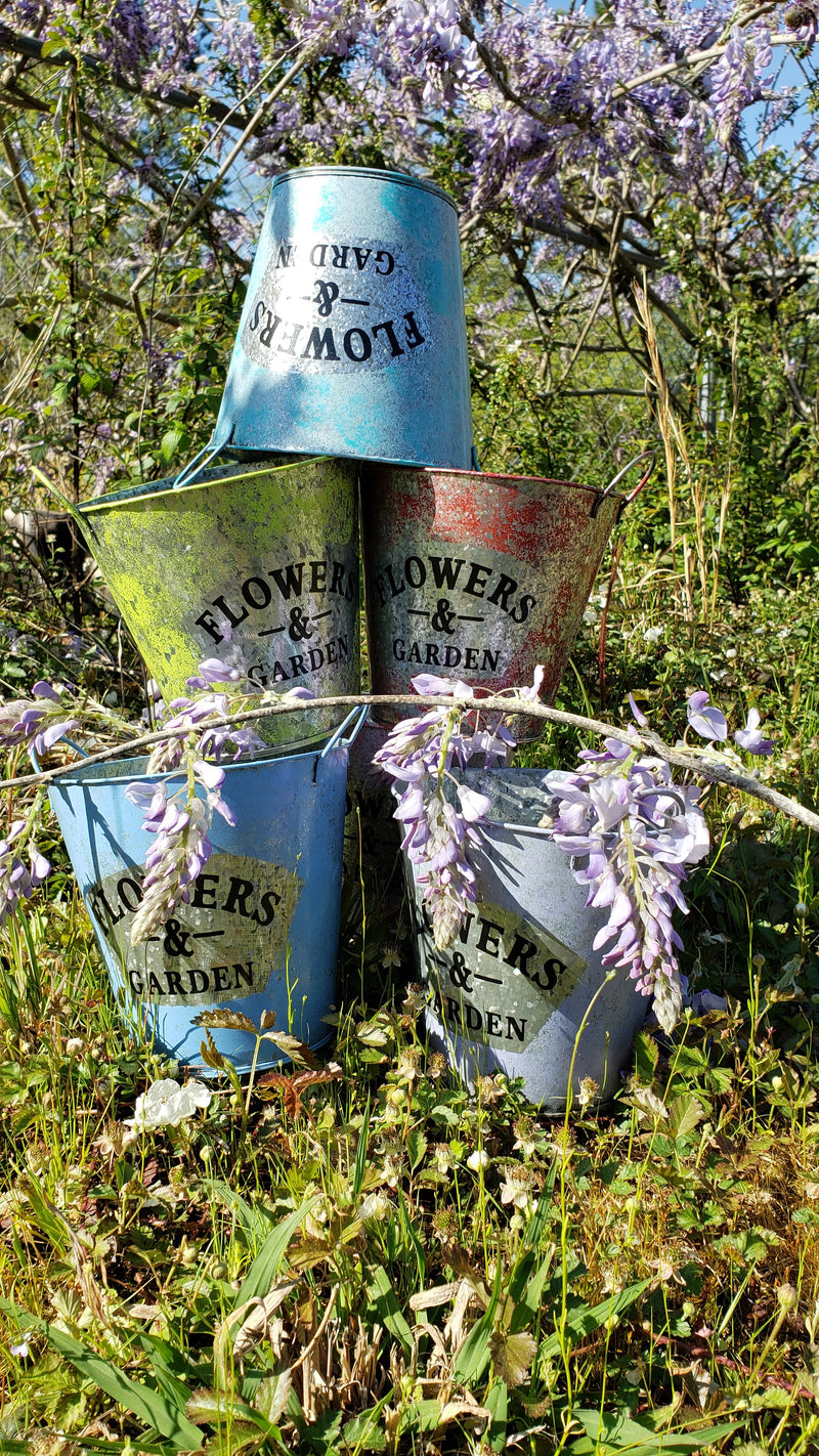 Flower Garden Tin Bucket Hand-Painted Blue Shabby Chic Rustic Wedding Metal Flower Pot Planter