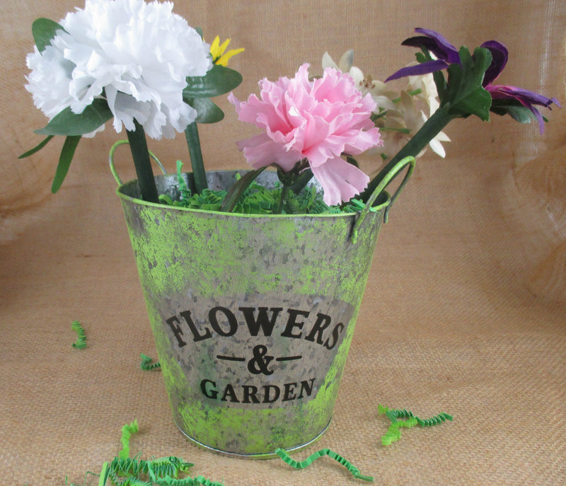 Flower Garden Tin Bucket Hand-Painted Red Shabby Chic Rustic Planter