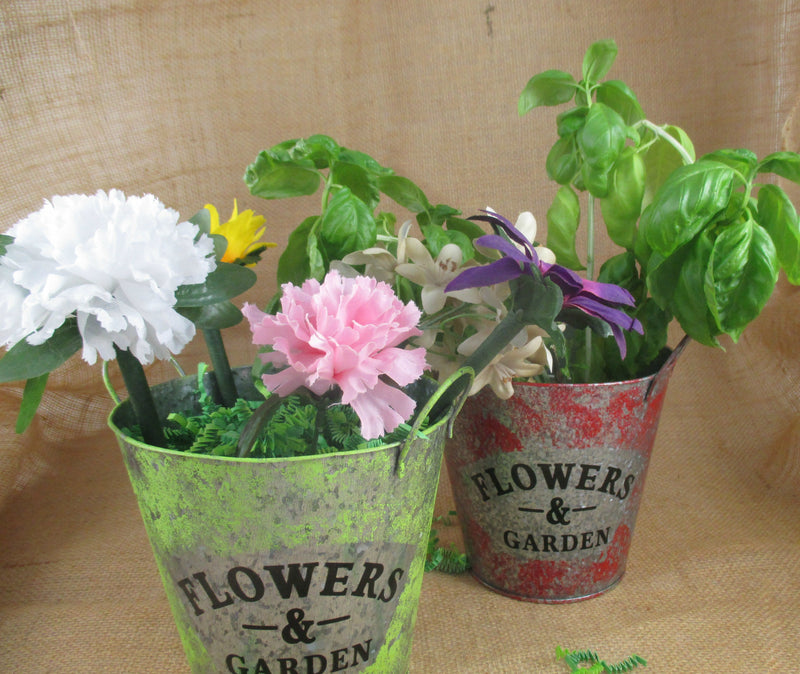 Flower Garden Tin Bucket Hand-Painted Red Shabby Chic Rustic Planter