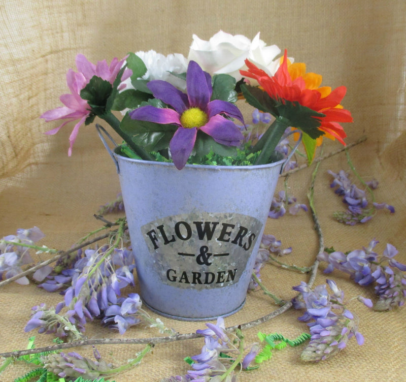 Flower Garden Tin Bucket Hand-Painted Blue Shabby Chic Rustic Wedding Metal Flower Pot Planter