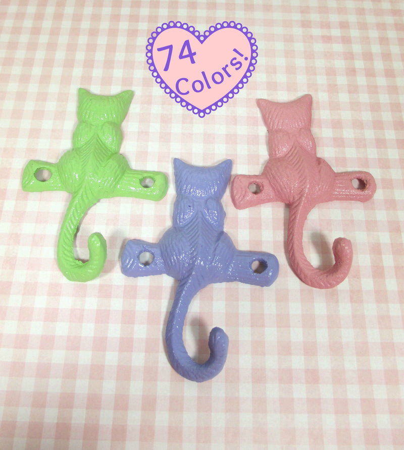 Cat Kitten Hook Set of 3 Little Kittens Cast Iron Hand-Painted in Pink, Green, and Purple