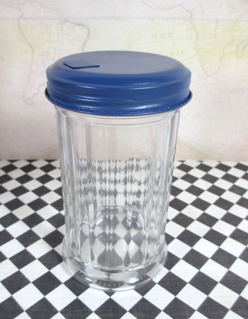 Glass Sugar Dispenser with Dark Blue top Vintage Inspired