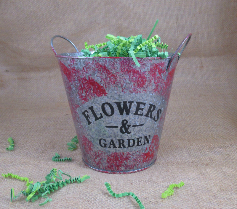 Flower Garden Tin Bucket Hand-Painted Red Shabby Chic Rustic Planter