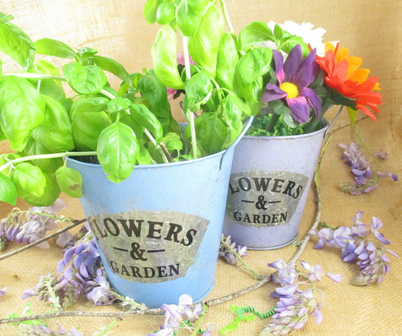 Flower Garden Tin Bucket Hand-Painted Blue Shabby Chic Rustic Wedding Metal Flower Pot Planter