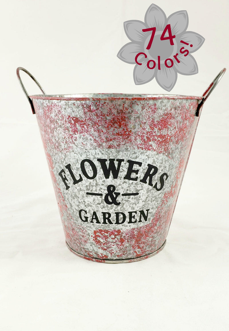 Flower Garden Tin Bucket Hand-Painted Red Shabby Chic Rustic Planter