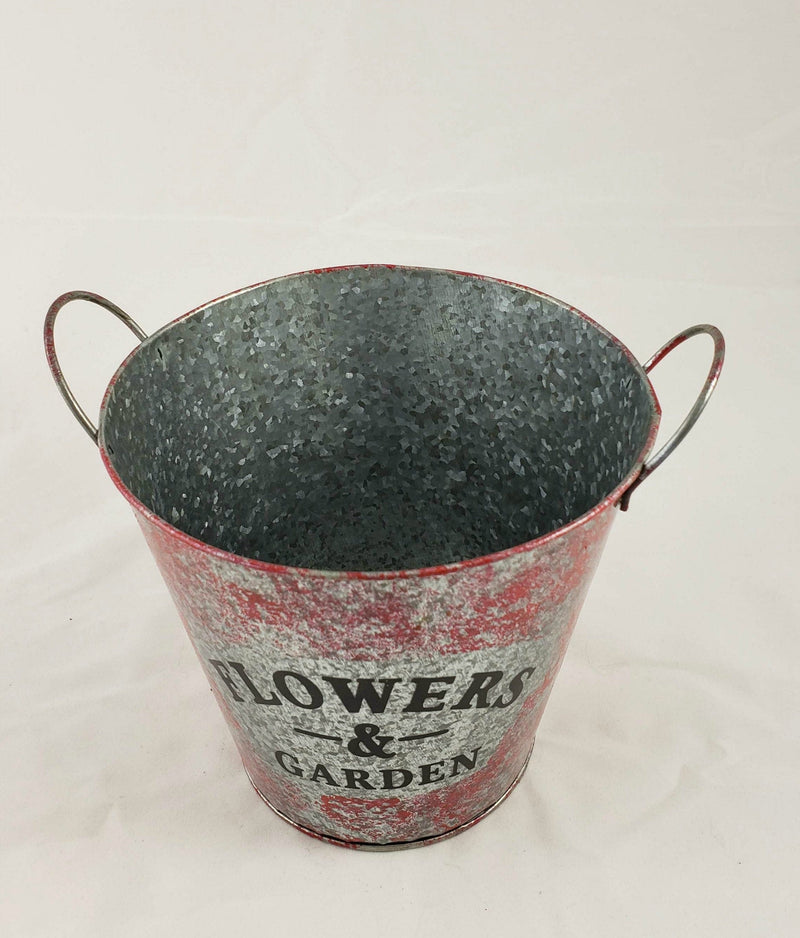 Flower Garden Tin Bucket Hand-Painted Red Shabby Chic Rustic Planter