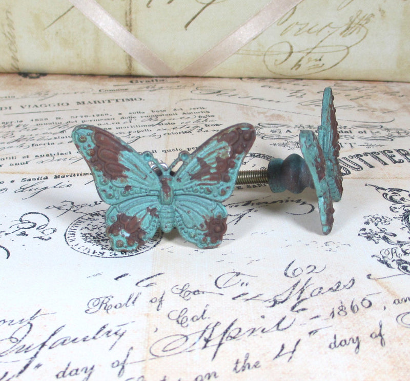 Butterfly Drawer Knob Jade Distressed Rustic Metal Shabby Chic