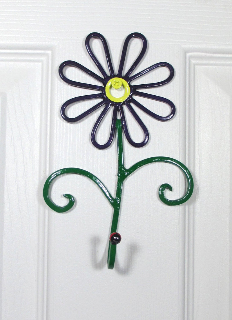 Flower Wall Hook Metal Hand-Painted Dark Purple Daisy