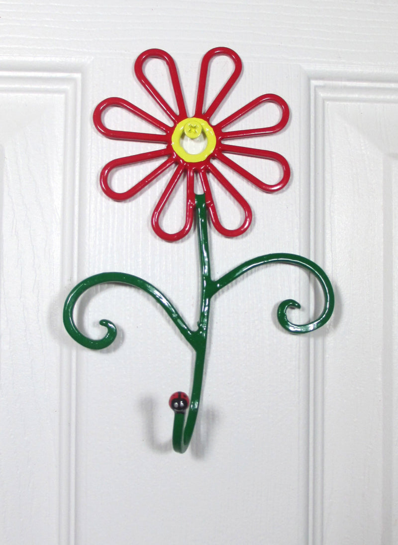 Flower Wall Hook Metal Hand-Painted Red Daisy