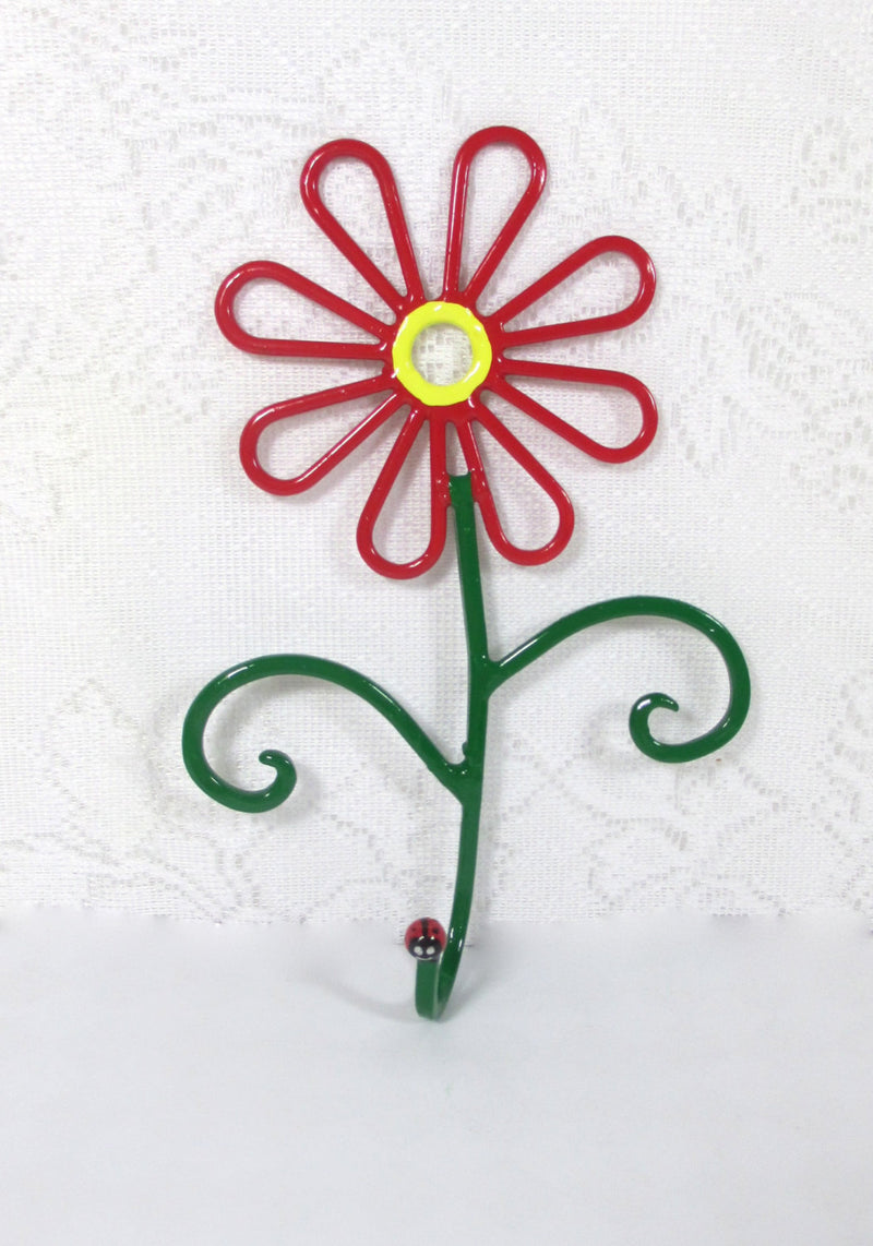 Flower Wall Hook Metal Hand-Painted Red Daisy