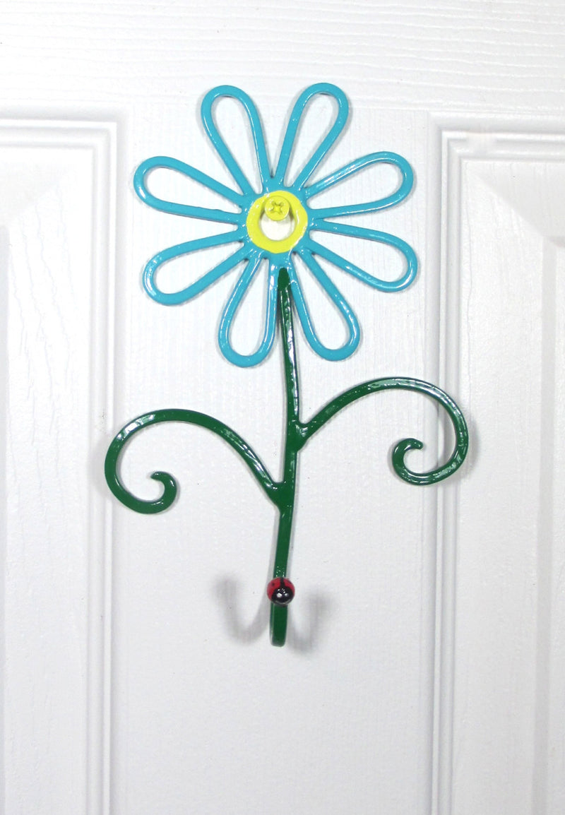 Flower Wall Hook Metal Hand-Painted Turquoise Daisy