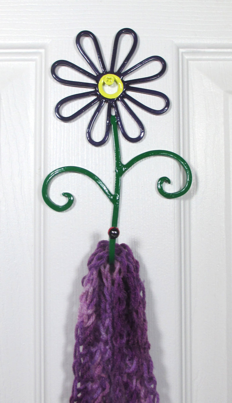 Flower Wall Hook Metal Hand-Painted Dark Purple Daisy