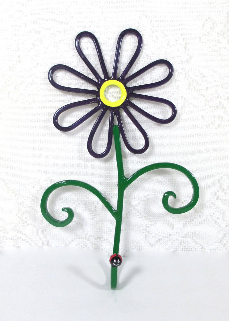 Flower Wall Hook Metal Hand-Painted Dark Purple Daisy