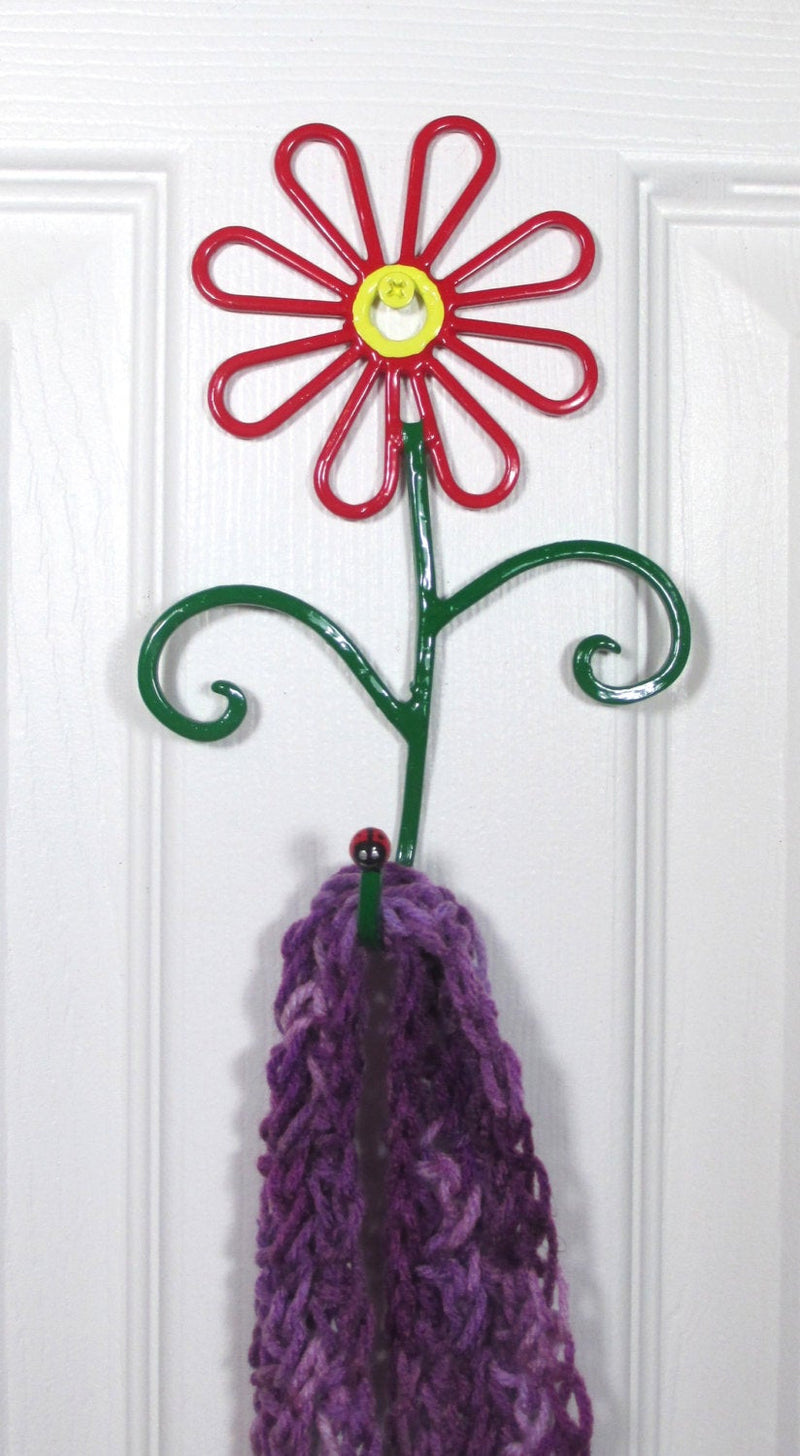 Flower Wall Hook Metal Hand-Painted Red Daisy