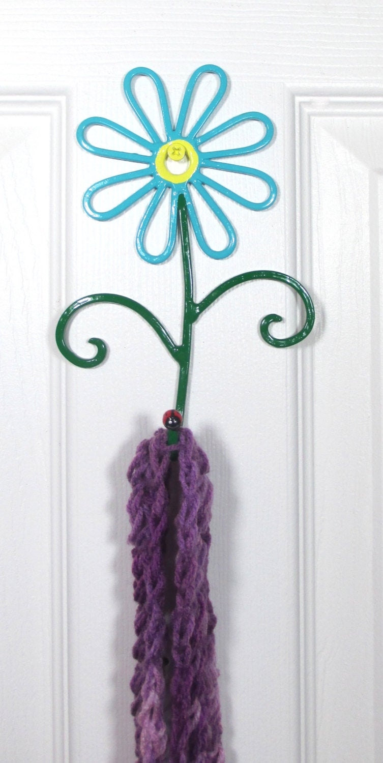 Flower Wall Hook Metal Hand-Painted Turquoise Daisy